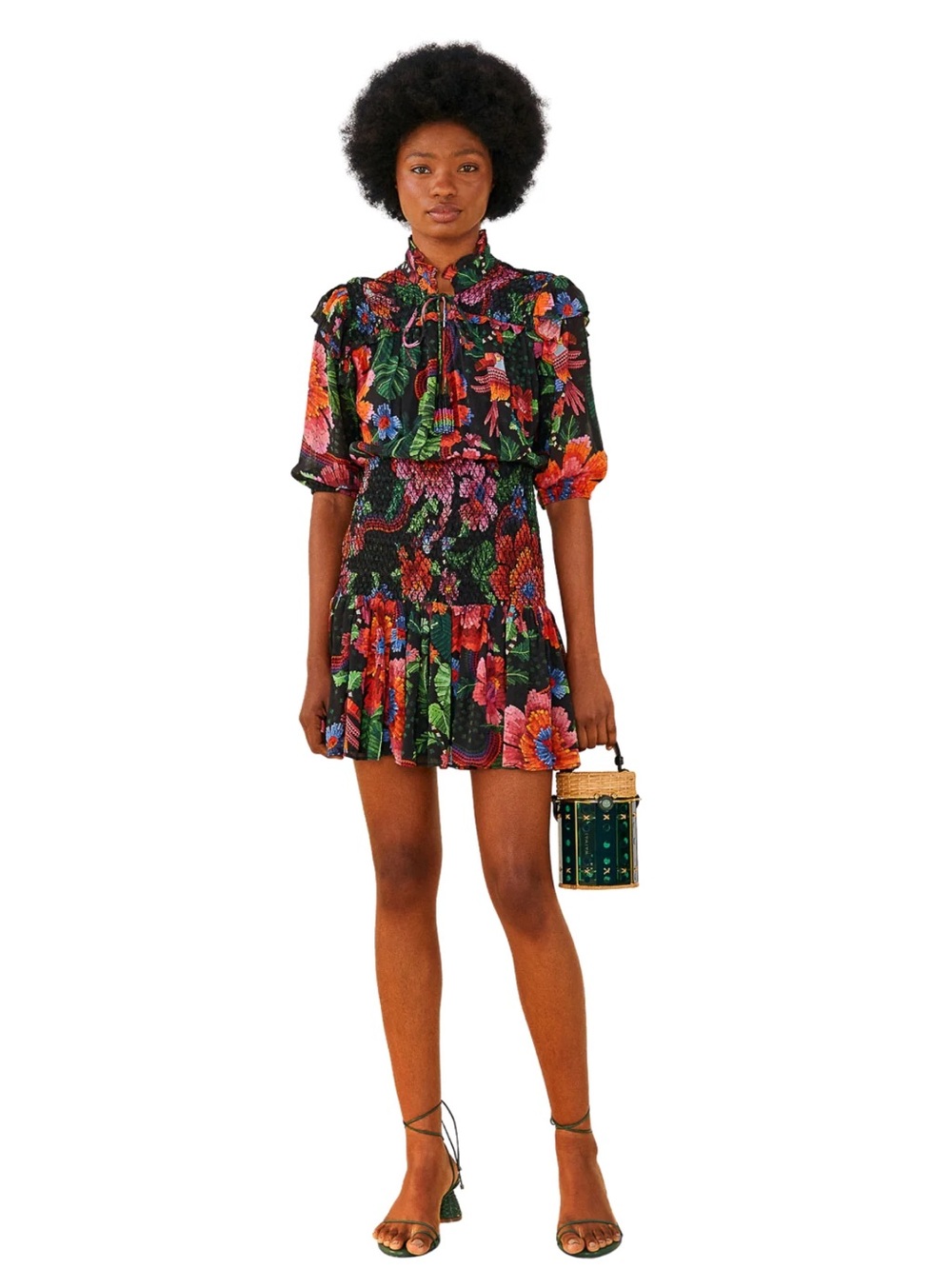 FARM Rio Black Multicolor Floral Tie-Neck Smocked Mini Dress
